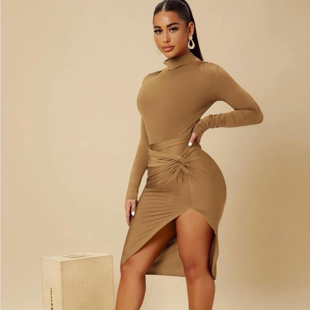 Brown Mock Neck Ruched Bodysuit